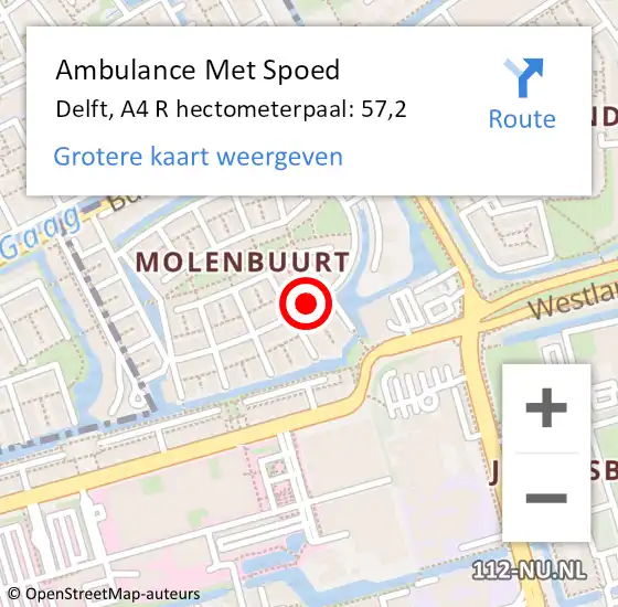 Locatie op kaart van de 112 melding: Ambulance Met Spoed Naar Delft, A4 R hectometerpaal: 57,2 op 8 juli 2017 22:57