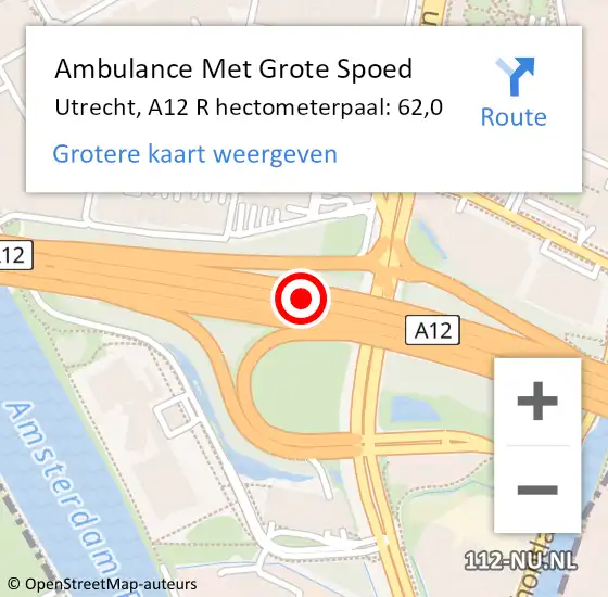 Locatie op kaart van de 112 melding: Ambulance Met Grote Spoed Naar Utrecht, A12 R hectometerpaal: 57,0 op 9 juli 2017 01:48