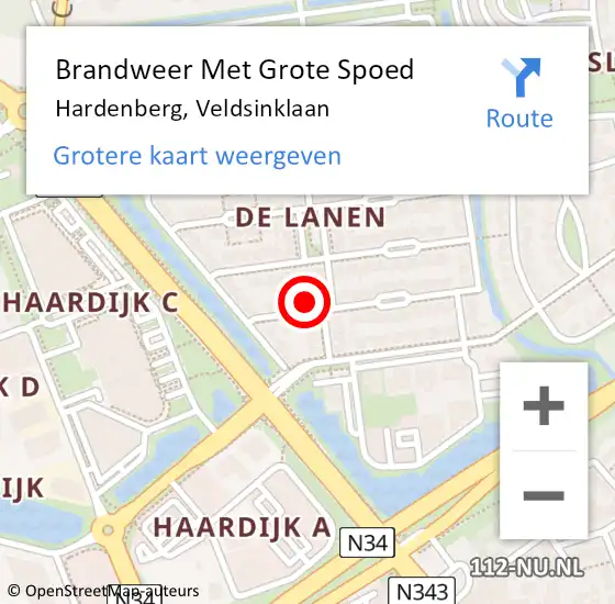 Locatie op kaart van de 112 melding: Brandweer Met Grote Spoed Naar Hardenberg, Veldsinklaan op 9 juli 2017 16:22