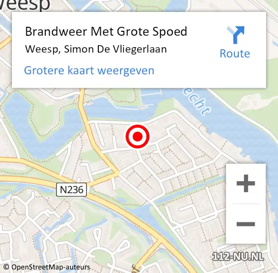 Locatie op kaart van de 112 melding: Brandweer Met Grote Spoed Naar Weesp, Simon De Vliegerlaan op 11 juli 2017 07:44