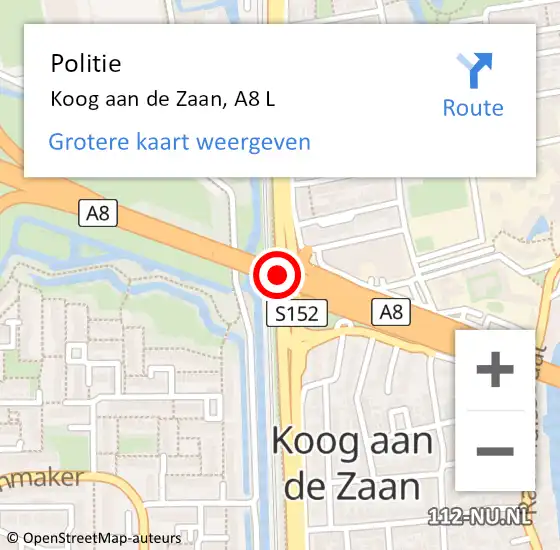 Locatie op kaart van de 112 melding: Politie Koog aan de Zaan, A8 L op 11 juli 2017 08:26