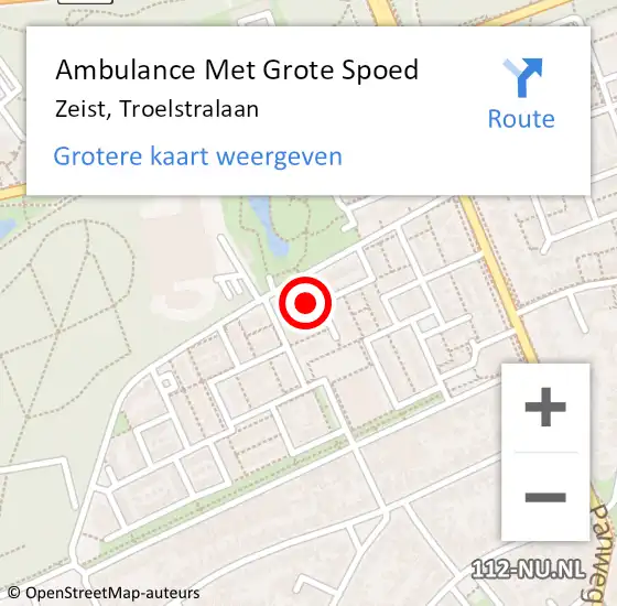 Locatie op kaart van de 112 melding: Ambulance Met Grote Spoed Naar Zeist, Troelstralaan op 11 juli 2017 23:48
