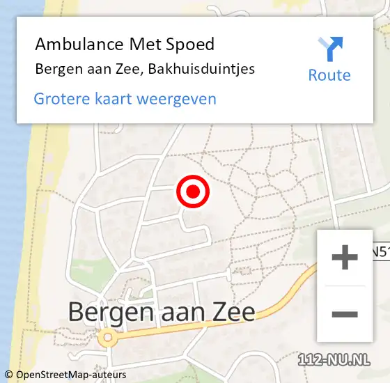 Locatie op kaart van de 112 melding: Ambulance Met Spoed Naar Bergen aan Zee, Bakhuisduintjes op 13 juli 2017 05:54