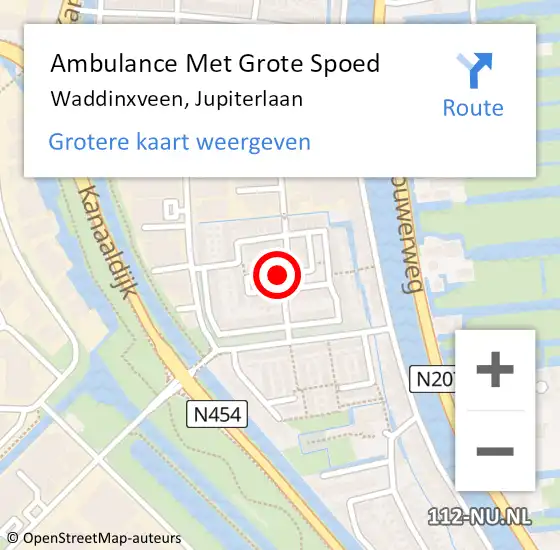 Locatie op kaart van de 112 melding: Ambulance Met Grote Spoed Naar Waddinxveen, Jupiterlaan op 13 juli 2017 18:10