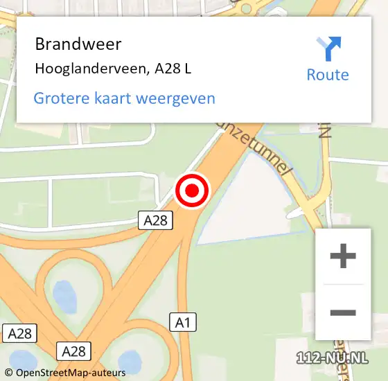 Locatie op kaart van de 112 melding: Brandweer Hooglanderveen, A28 L op 15 juli 2017 21:24