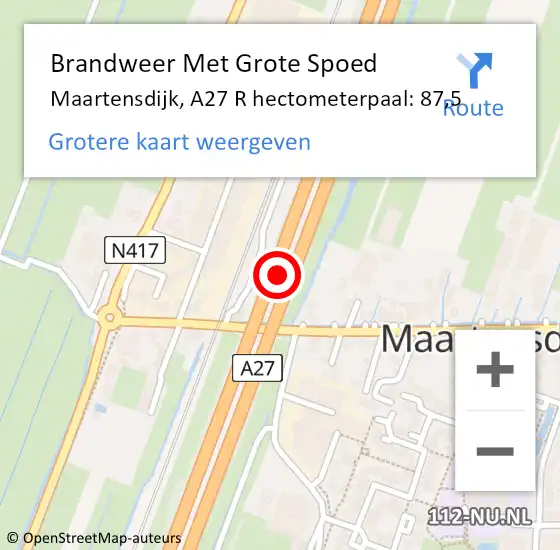 Locatie op kaart van de 112 melding: Brandweer Met Grote Spoed Naar Maartensdijk, A27 R hectometerpaal: 87,5 op 16 juli 2017 02:37