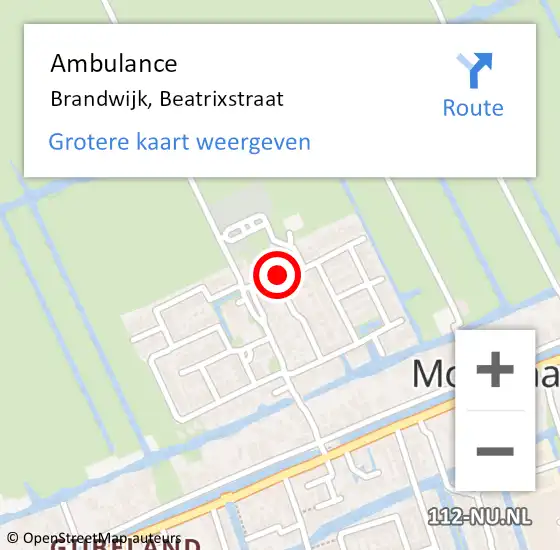 Locatie op kaart van de 112 melding: Ambulance Brandwijk, Beatrixstraat op 16 juli 2017 15:48