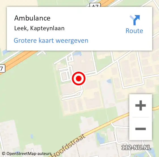 Locatie op kaart van de 112 melding: Ambulance Leek, Kapteynlaan op 27 januari 2014 09:29