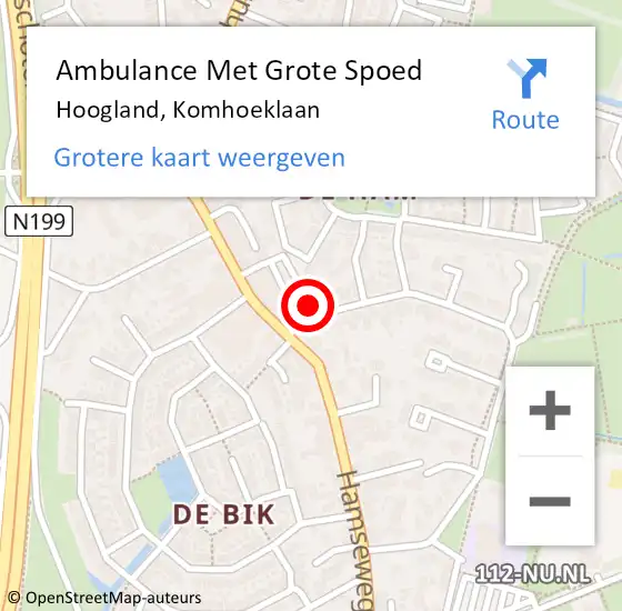 Locatie op kaart van de 112 melding: Ambulance Met Grote Spoed Naar Hoogland, Komhoeklaan op 17 juli 2017 20:31