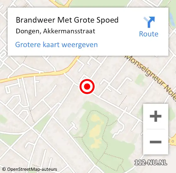 Locatie op kaart van de 112 melding: Brandweer Met Grote Spoed Naar Dongen, Akkermansstraat op 18 juli 2017 12:05