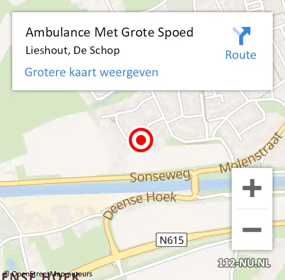 Locatie op kaart van de 112 melding: Ambulance Met Grote Spoed Naar Lieshout, De Schop op 18 juli 2017 16:57