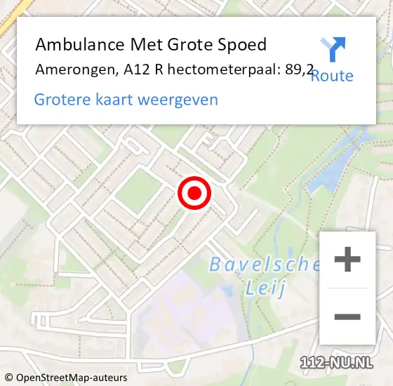 Locatie op kaart van de 112 melding: Ambulance Met Grote Spoed Naar Amerongen, A12 R hectometerpaal: 89,2 op 19 juli 2017 13:16