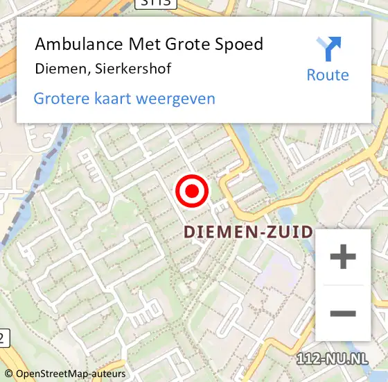 Locatie op kaart van de 112 melding: Ambulance Met Grote Spoed Naar Diemen, Sierkershof op 20 juli 2017 21:01