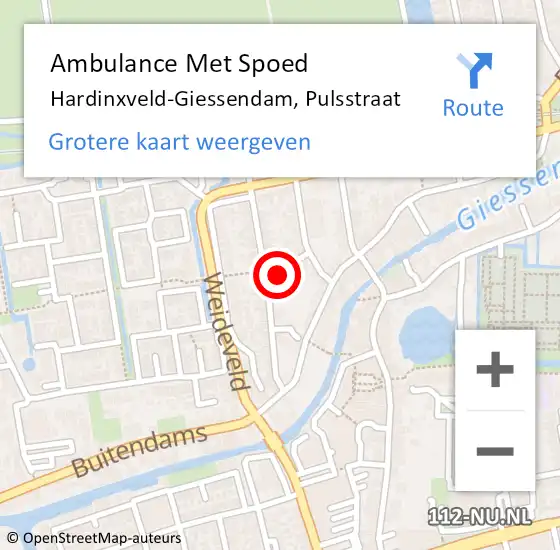 Locatie op kaart van de 112 melding: Ambulance Met Spoed Naar Hardinxveld-Giessendam, Pulsstraat op 20 juli 2017 21:37