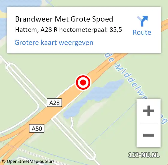 Locatie op kaart van de 112 melding: Brandweer Met Grote Spoed Naar Hattem, A28 R hectometerpaal: 87,1 op 21 juli 2017 08:55