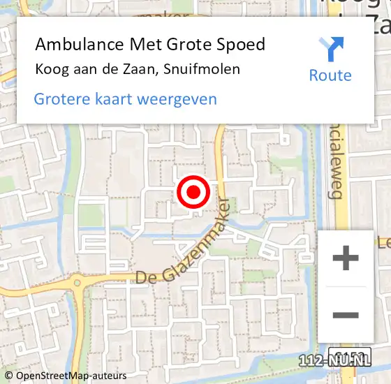 Locatie op kaart van de 112 melding: Ambulance Met Grote Spoed Naar Koog aan de Zaan, Snuifmolen op 21 juli 2017 13:34