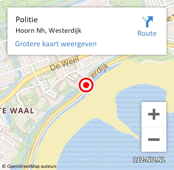 Locatie op kaart van de 112 melding: Politie Hoorn Nh, Westerdijk op 21 juli 2017 13:38