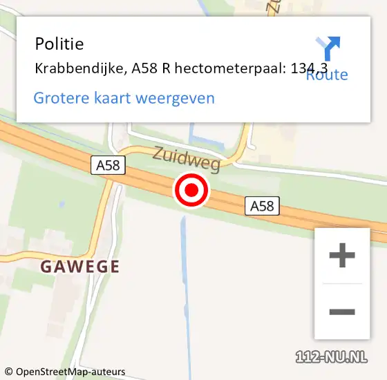 Locatie op kaart van de 112 melding: Politie Krabbendijke, A58 R hectometerpaal: 127,0 op 22 juli 2017 07:57