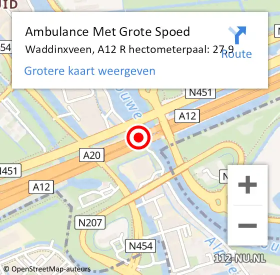 Locatie op kaart van de 112 melding: Ambulance Met Grote Spoed Naar Waddinxveen, A12 R hectometerpaal: 29,4 op 22 juli 2017 14:31