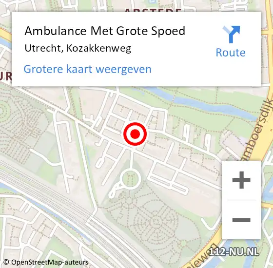 Locatie op kaart van de 112 melding: Ambulance Met Grote Spoed Naar Utrecht, Kozakkenweg op 22 juli 2017 16:51