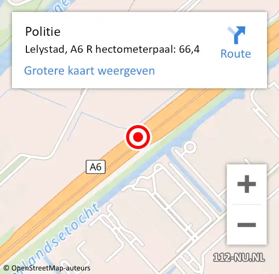 Locatie op kaart van de 112 melding: Politie Lelystad, A6 L hectometerpaal: 62,9 op 22 juli 2017 19:09