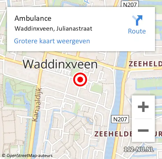 Locatie op kaart van de 112 melding: Ambulance Waddinxveen, Julianastraat op 25 juli 2017 09:23