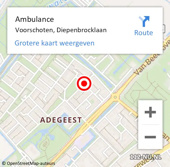 Locatie op kaart van de 112 melding: Ambulance Voorschoten, Diepenbrocklaan op 25 juli 2017 10:48