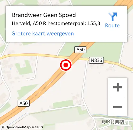 Locatie op kaart van de 112 melding: Brandweer Geen Spoed Naar Herveld, A50 R hectometerpaal: 155,3 op 26 juli 2017 08:45