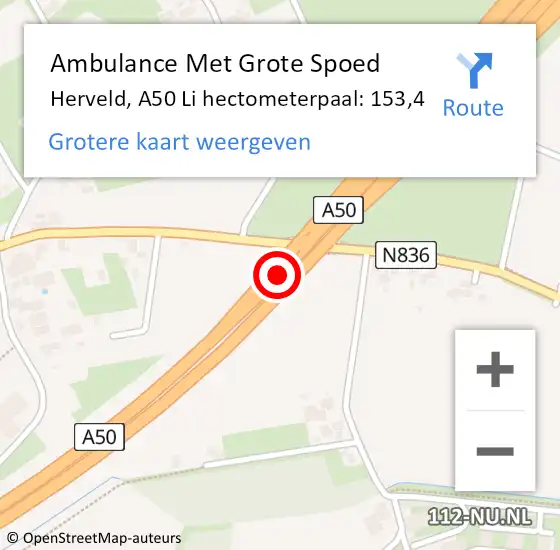 Locatie op kaart van de 112 melding: Ambulance Met Grote Spoed Naar Herveld, A50 R hectometerpaal: 153,0 op 26 juli 2017 08:57