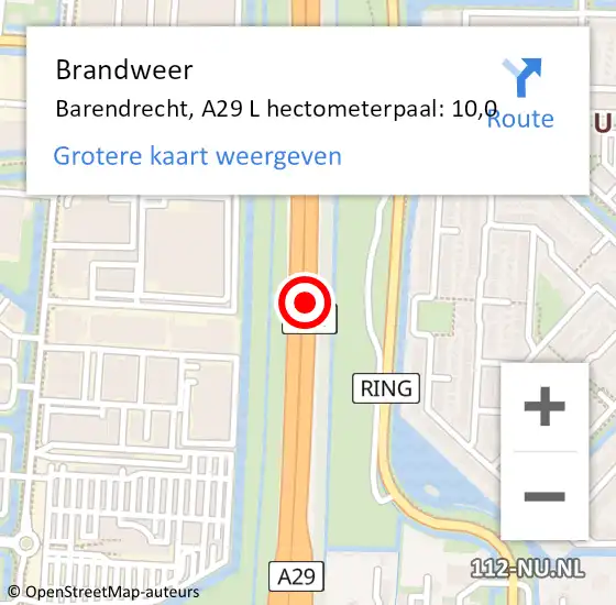 Locatie op kaart van de 112 melding: Brandweer Barendrecht, A29 L hectometerpaal: 10,0 op 26 juli 2017 10:24