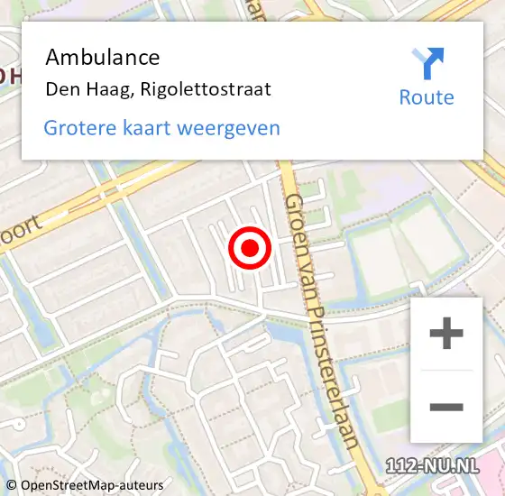 Locatie op kaart van de 112 melding: Ambulance Den Haag, Rigolettostraat op 26 juli 2017 14:29