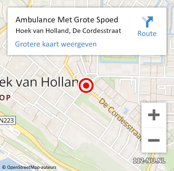 Locatie op kaart van de 112 melding: Ambulance Met Grote Spoed Naar Hoek van Holland, De Cordesstraat op 27 juli 2017 11:00