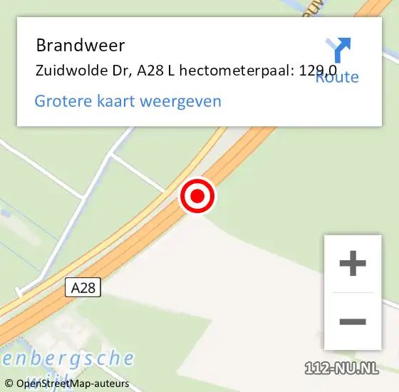 Locatie op kaart van de 112 melding: Brandweer Zuidwolde Dr, A28 L hectometerpaal: 129,0 op 27 juli 2017 15:02