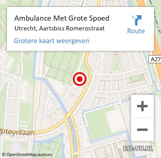 Locatie op kaart van de 112 melding: Ambulance Met Grote Spoed Naar Utrecht, Aartsbiss Romerostraat op 28 juli 2017 13:46