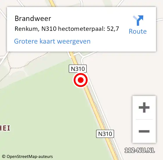 Locatie op kaart van de 112 melding: Brandweer Renkum, N310 hectometerpaal: 52,7 op 28 juli 2017 15:04