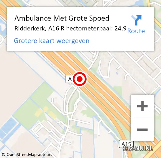Locatie op kaart van de 112 melding: Ambulance Met Grote Spoed Naar Ridderkerk, A16 L hectometerpaal: 27,8 op 29 juli 2017 02:31