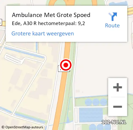 Locatie op kaart van de 112 melding: Ambulance Met Grote Spoed Naar Ede, A30 R hectometerpaal: 10,3 op 29 juli 2017 14:47