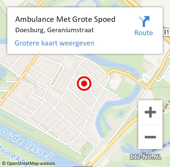 Locatie op kaart van de 112 melding: Ambulance Met Grote Spoed Naar Doesburg, Geraniumstraat op 29 juli 2017 15:48