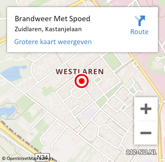 Locatie op kaart van de 112 melding: Brandweer Met Spoed Naar Zuidlaren, Kastanjelaan op 30 juli 2017 09:27