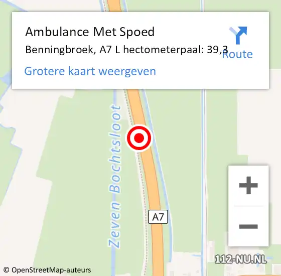 Locatie op kaart van de 112 melding: Ambulance Met Spoed Naar Benningbroek, A7 L hectometerpaal: 39,3 op 1 augustus 2017 11:53