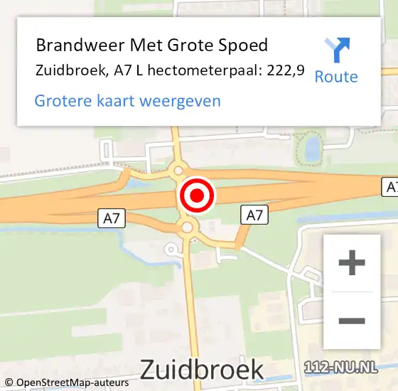 Locatie op kaart van de 112 melding: Brandweer Met Grote Spoed Naar Zuidbroek, A7 L hectometerpaal: 220,9 op 1 augustus 2017 13:45