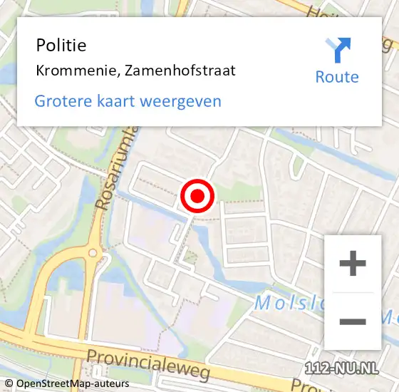 Locatie op kaart van de 112 melding: Politie Krommenie, Zamenhofstraat op 1 augustus 2017 14:30