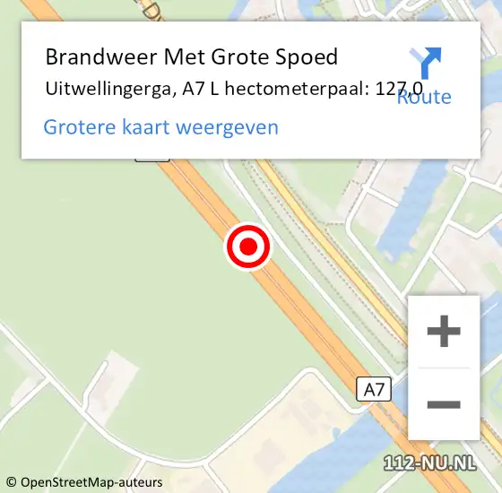 Locatie op kaart van de 112 melding: Brandweer Met Grote Spoed Naar Uitwellingerga, A7 L hectometerpaal: 126,8 op 1 augustus 2017 16:41