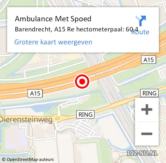 Locatie op kaart van de 112 melding: Ambulance Met Spoed Naar Barendrecht, A15 R hectometerpaal: 59,9 op 2 augustus 2017 01:20