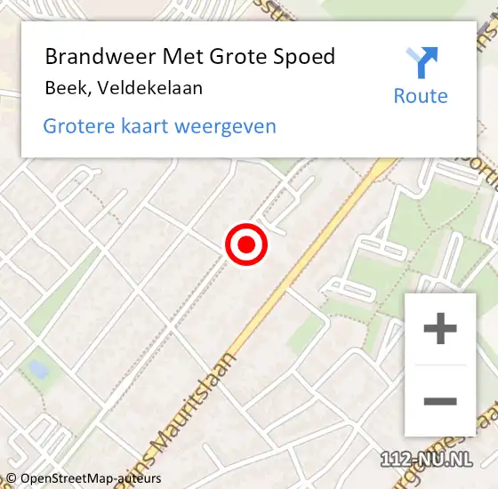 Locatie op kaart van de 112 melding: Brandweer Met Grote Spoed Naar Beek, Veldekelaan op 2 augustus 2017 20:50