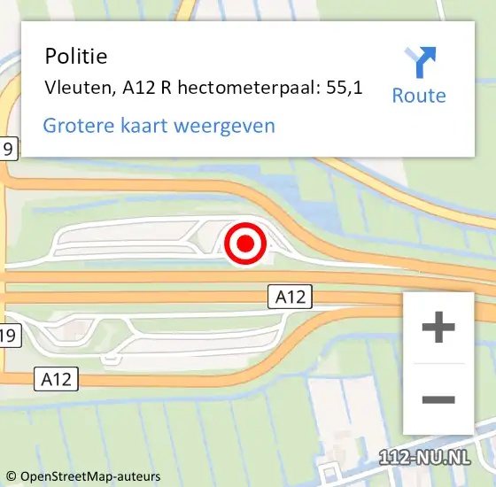 Locatie op kaart van de 112 melding: Politie Vleuten, A12 R hectometerpaal: 55,1 op 3 augustus 2017 07:48