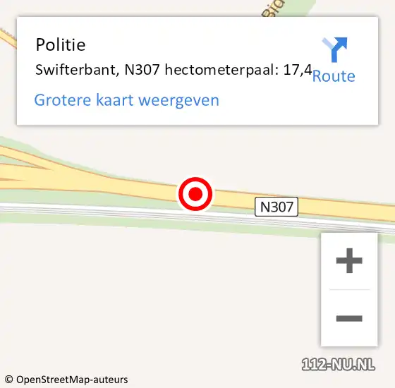 Locatie op kaart van de 112 melding: Politie Swifterbant, N307 hectometerpaal: 17,4 op 3 augustus 2017 12:35