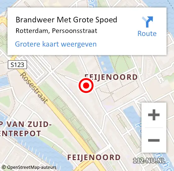 Locatie op kaart van de 112 melding: Brandweer Met Grote Spoed Naar Rotterdam, Persoonsstraat op 4 augustus 2017 00:59