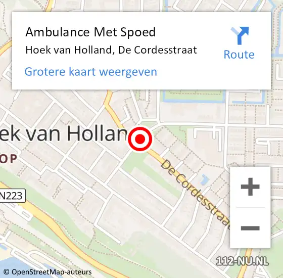 Locatie op kaart van de 112 melding: Ambulance Met Spoed Naar Hoek van Holland, De Cordesstraat op 4 augustus 2017 13:21