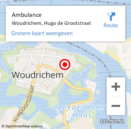 Locatie op kaart van de 112 melding: Ambulance Woudrichem, Hugo de Grootstraat op 4 augustus 2017 14:15